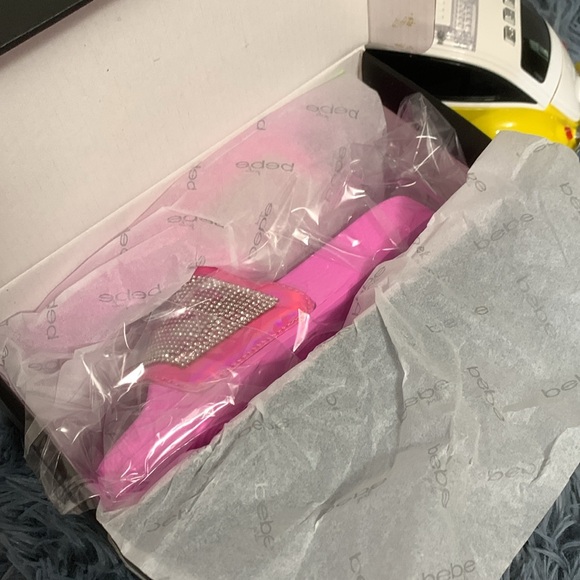 Bebe Girls’ Slip-On Slide Sandals with Rhinestone Logo Strap, Pink - Picture 2 of 5